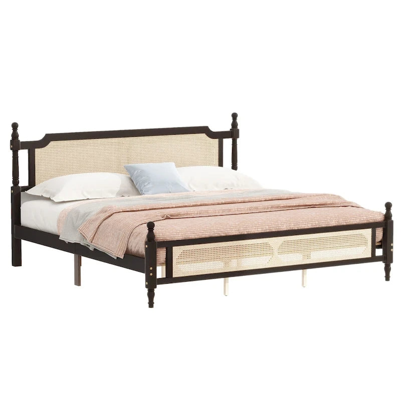 King Platform Bed with Rattan Headboard & Under-Bed Storage