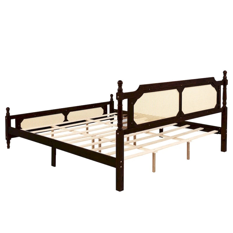 King Platform Bed with Rattan Headboard & Under-Bed Storage