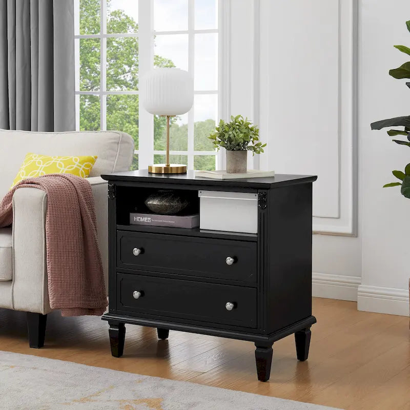 Mid-Century Modern 2-Drawer Nightstand with Charging Station