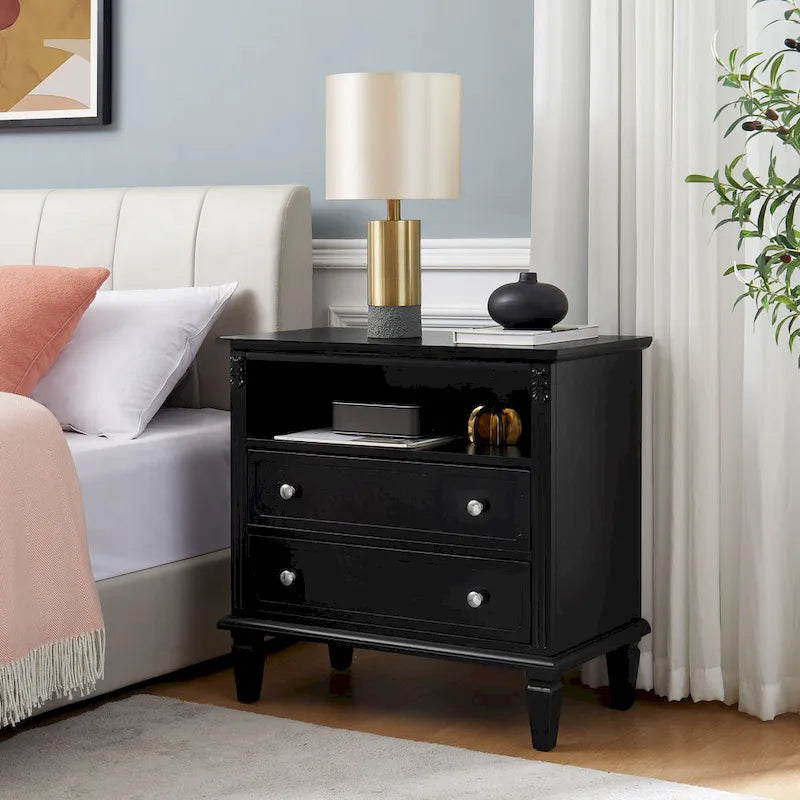 Mid-Century Modern 2-Drawer Nightstand with Charging Station