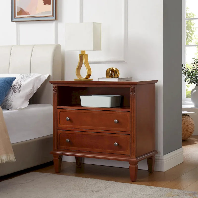 Mid-Century Modern 2-Drawer Nightstand with Charging Station