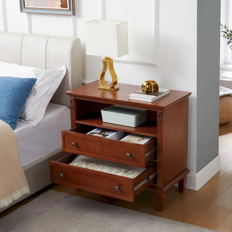 Mid-Century Modern 2-Drawer Nightstand with Charging Station