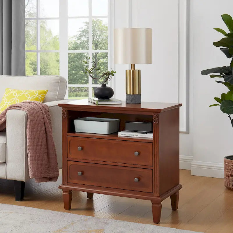 Mid-Century Modern 2-Drawer Nightstand with Charging Station