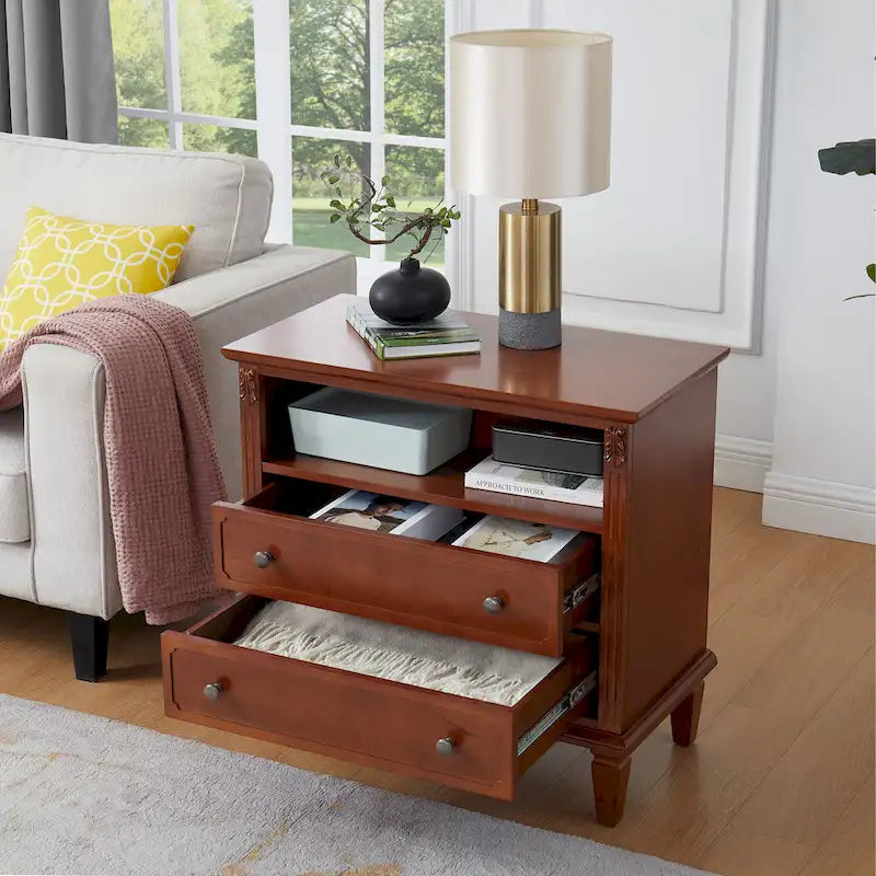 Mid-Century Modern 2-Drawer Nightstand with Charging Station