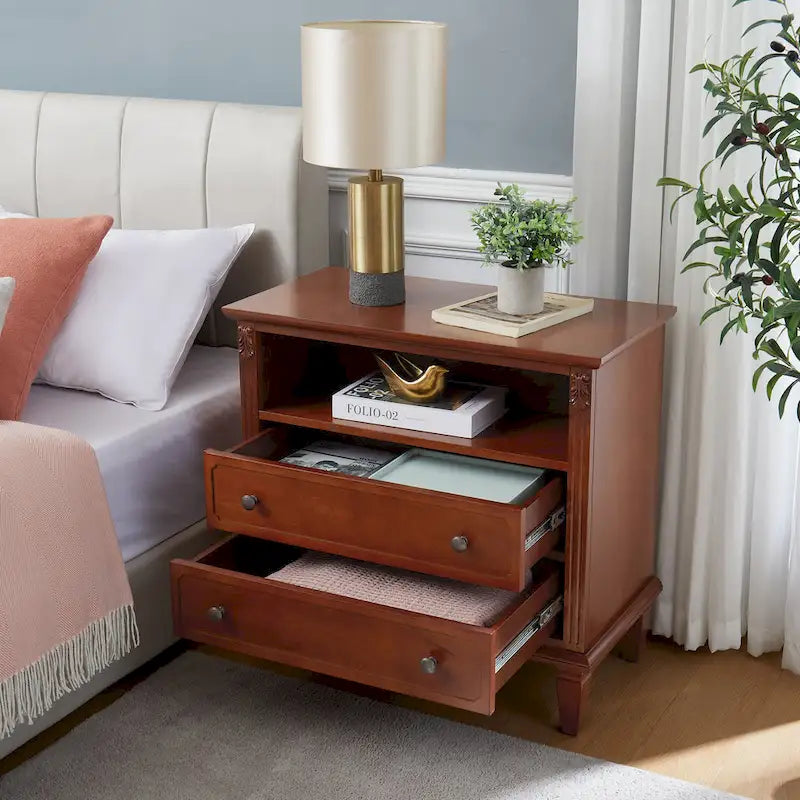 Mid-Century Modern 2-Drawer Nightstand with Charging Station