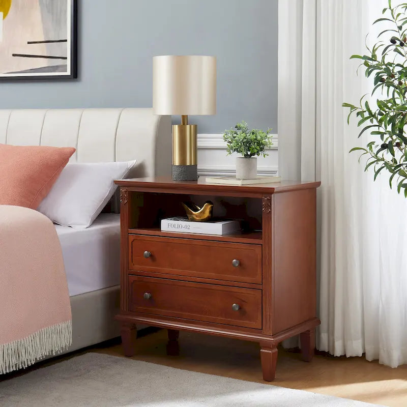 Mid-Century Modern 2-Drawer Nightstand with Charging Station