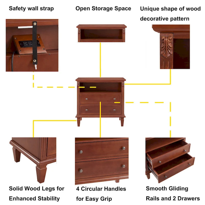 Mid-Century Modern 2-Drawer Nightstand with Charging Station