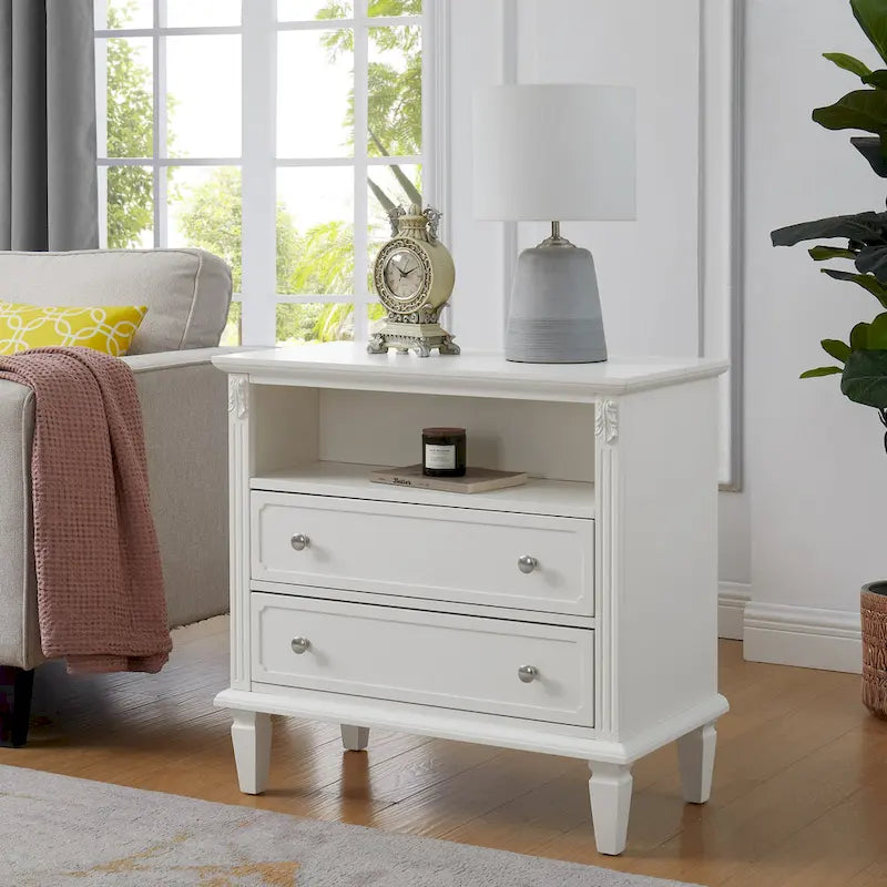Mid-Century Modern 2-Drawer Nightstand with Charging Station