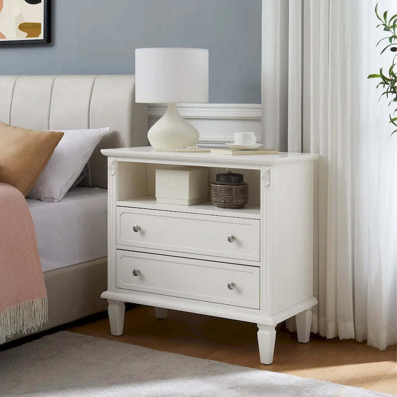 Mid-Century Modern 2-Drawer Nightstand with Charging Station