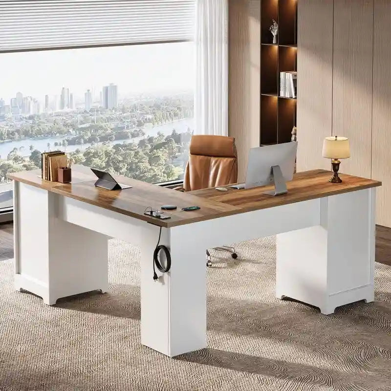 L Shaped Executive Computer Desk with Power Outlets and Type-C & USB Ports
