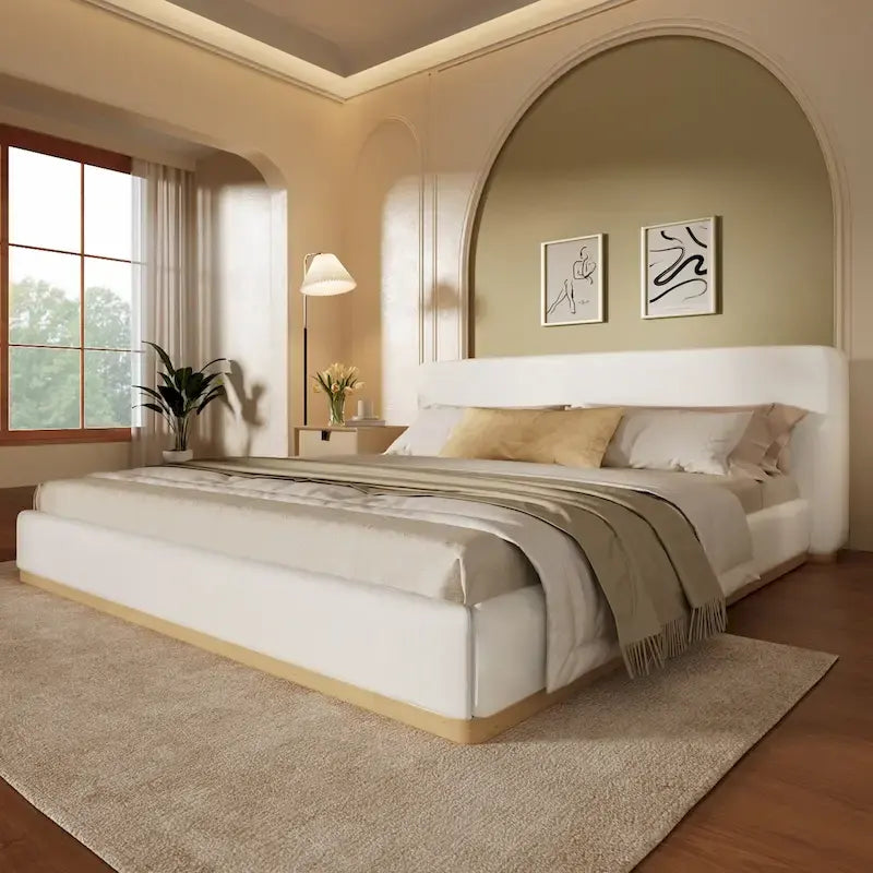 Plush Upholstered Bed with Slatted Wood Frame
