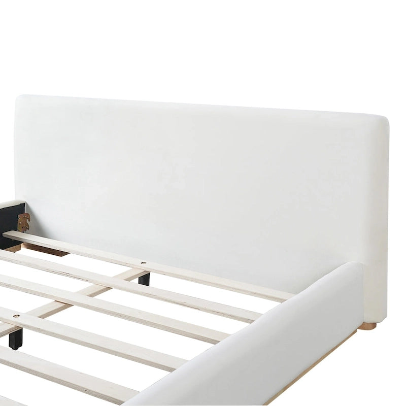 Plush Upholstered Bed with Slatted Wood Frame
