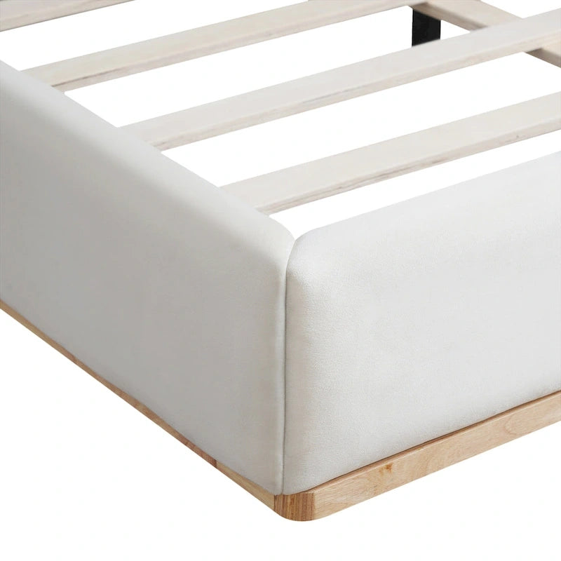 Plush Upholstered Bed with Slatted Wood Frame