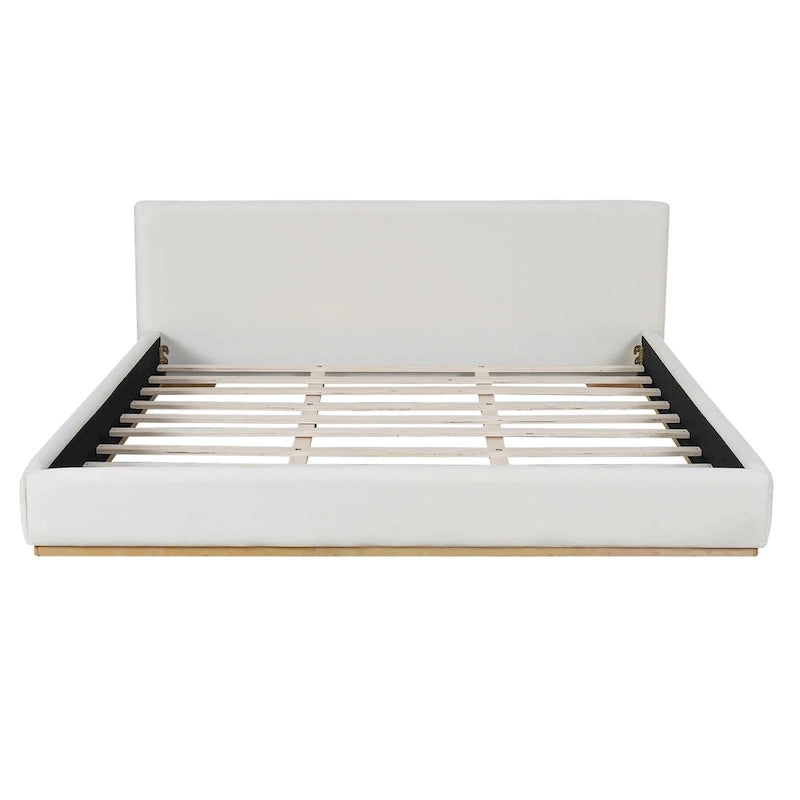 Plush Upholstered Bed with Slatted Wood Frame