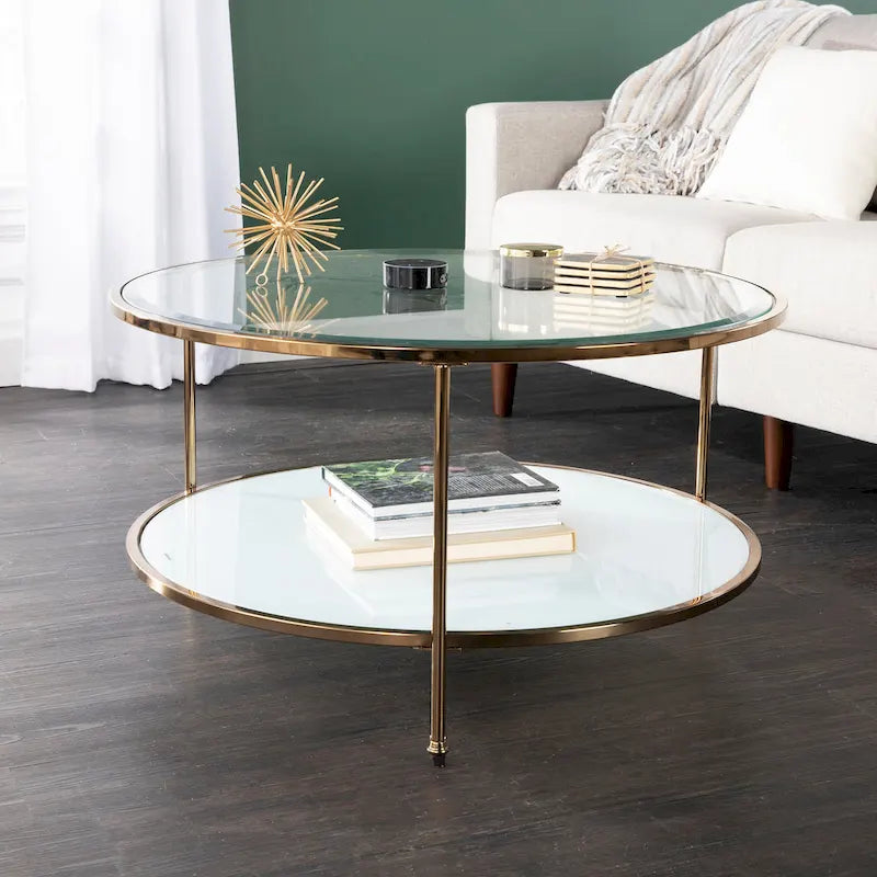 Gold Copper Round Coffee Table with Storage
