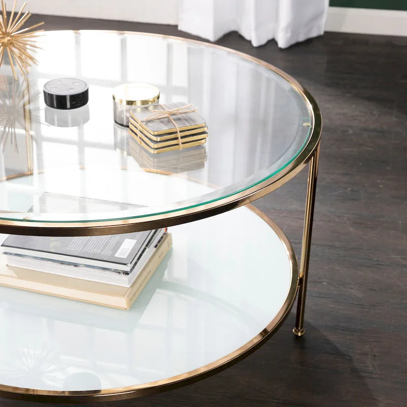 Gold Copper Round Coffee Table with Storage