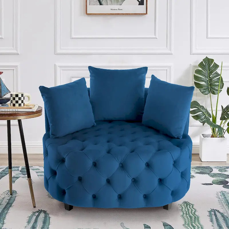 Sametové moderní volnočasové velké křeslo klasického sudového tvaru se 2 polštáři