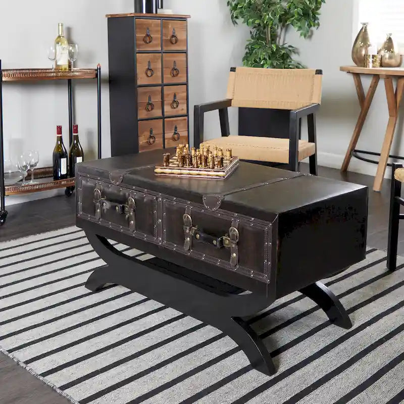 Faux Leather 2 Drawer Coffee Table with Curved Leg Stand - Dark Brown