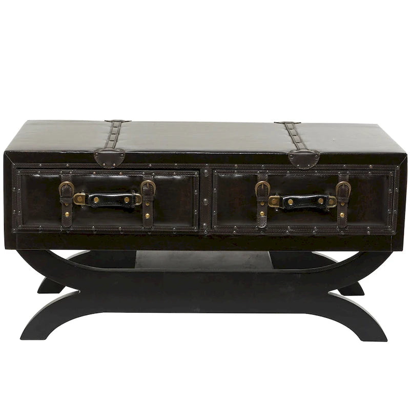 Faux Leather 2 Drawer Coffee Table with Curved Leg Stand - Dark Brown