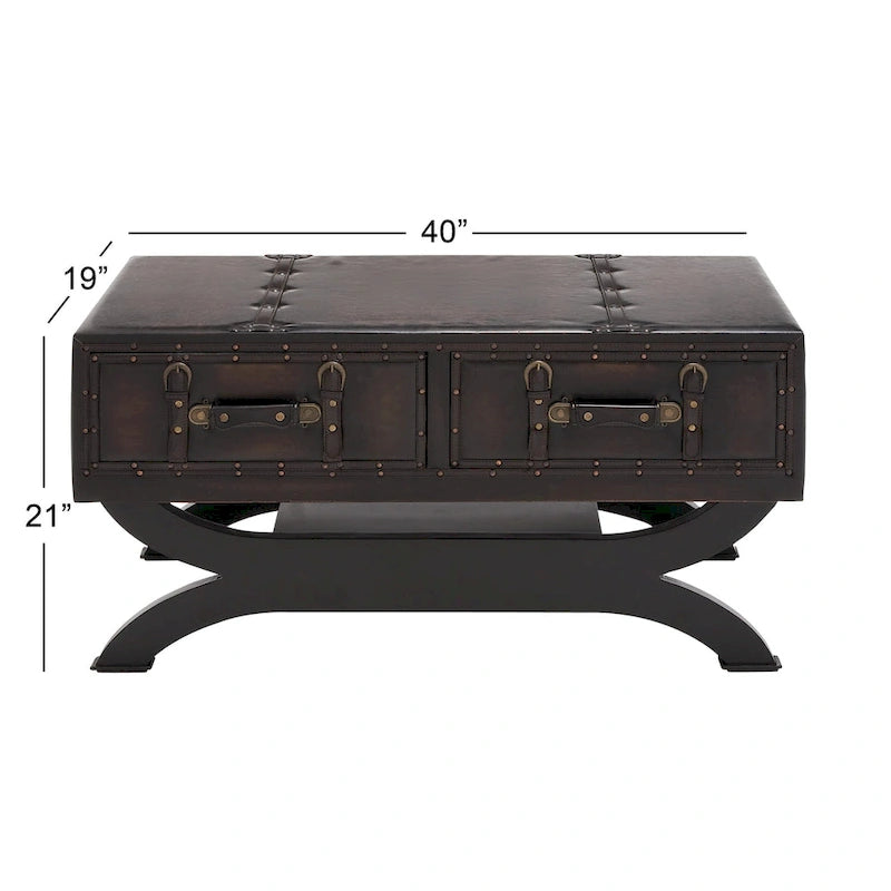 Faux Leather 2 Drawer Coffee Table with Curved Leg Stand - Dark Brown