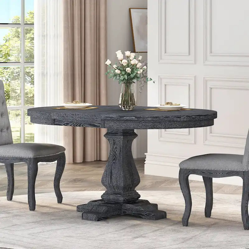 Expandable Round Wood Dining Table with Pedestal Base