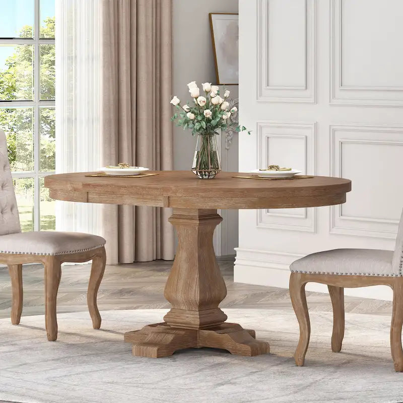 Expandable Round Wood Dining Table with Pedestal Base