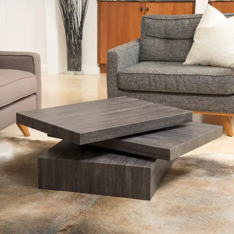 3-Tier Rotating Wood Coffee Table in Black Oak Finish