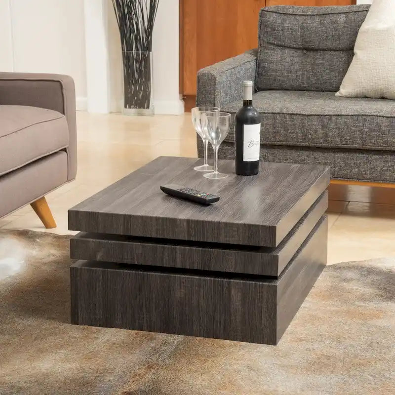 3-Tier Rotating Wood Coffee Table in Black Oak Finish