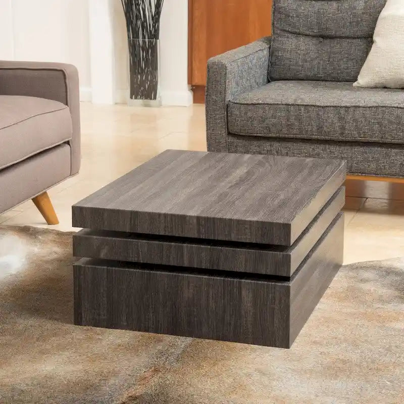 3-Tier Rotating Wood Coffee Table in Black Oak Finish
