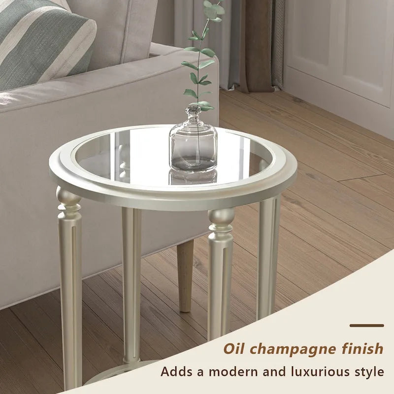 2-Tier Silver Round Tempered Glass Side Table with Storage Shelf