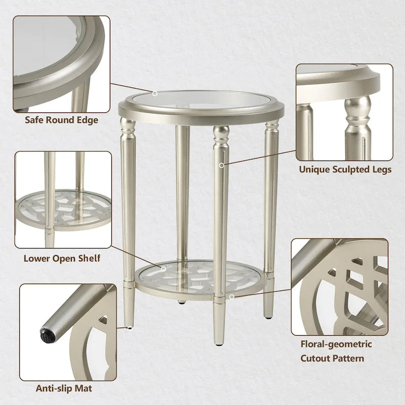 2-Tier Silver Round Tempered Glass Side Table with Storage Shelf