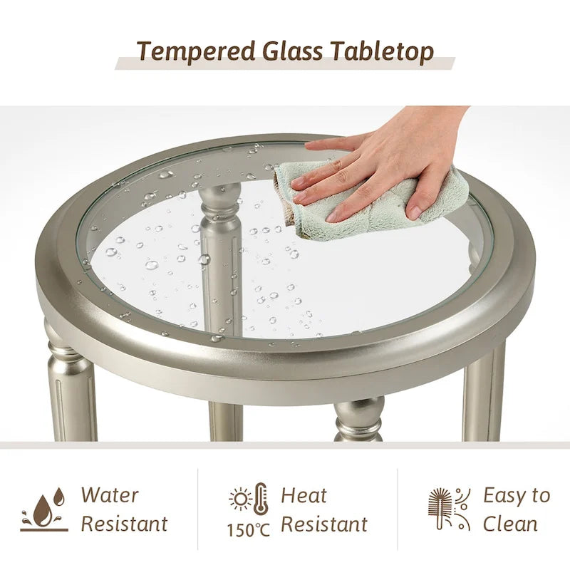 2-Tier Silver Round Tempered Glass Side Table with Storage Shelf