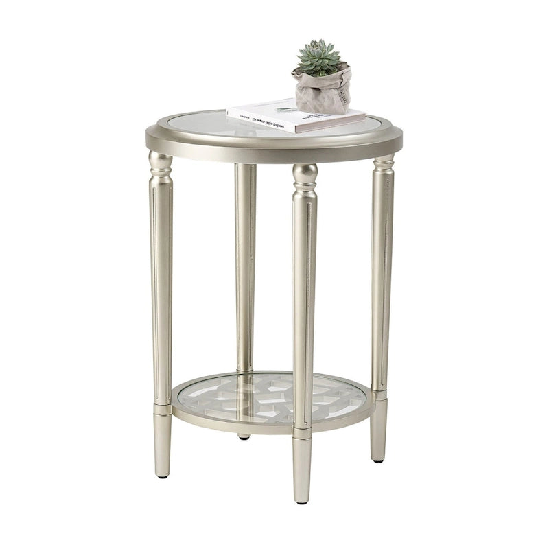 2-Tier Silver Round Tempered Glass Side Table with Storage Shelf