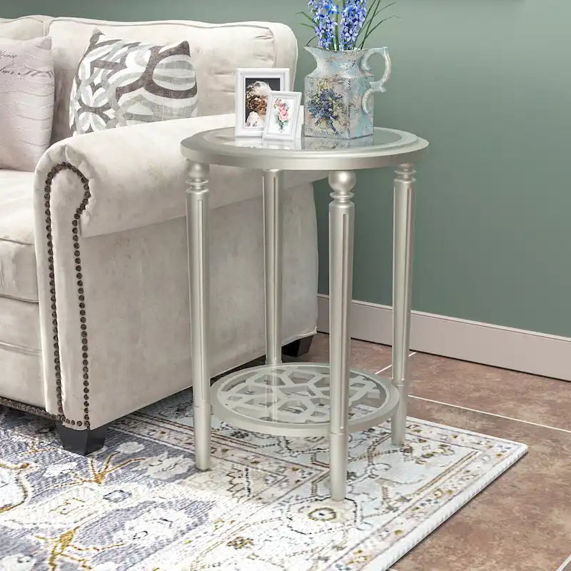 2-Tier Silver Round Tempered Glass Side Table with Storage Shelf