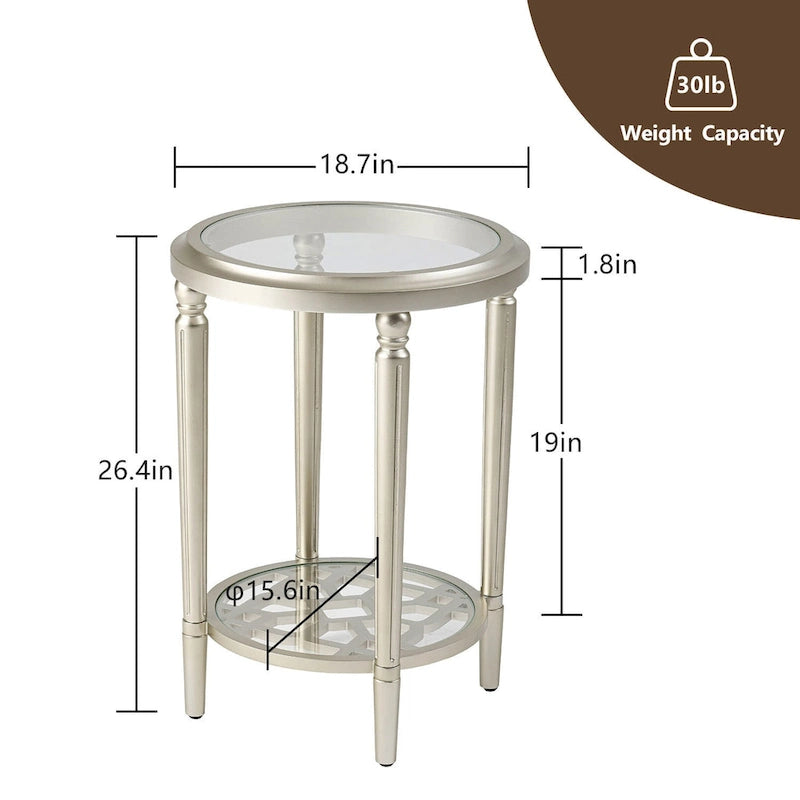 2-Tier Silver Round Tempered Glass Side Table with Storage Shelf