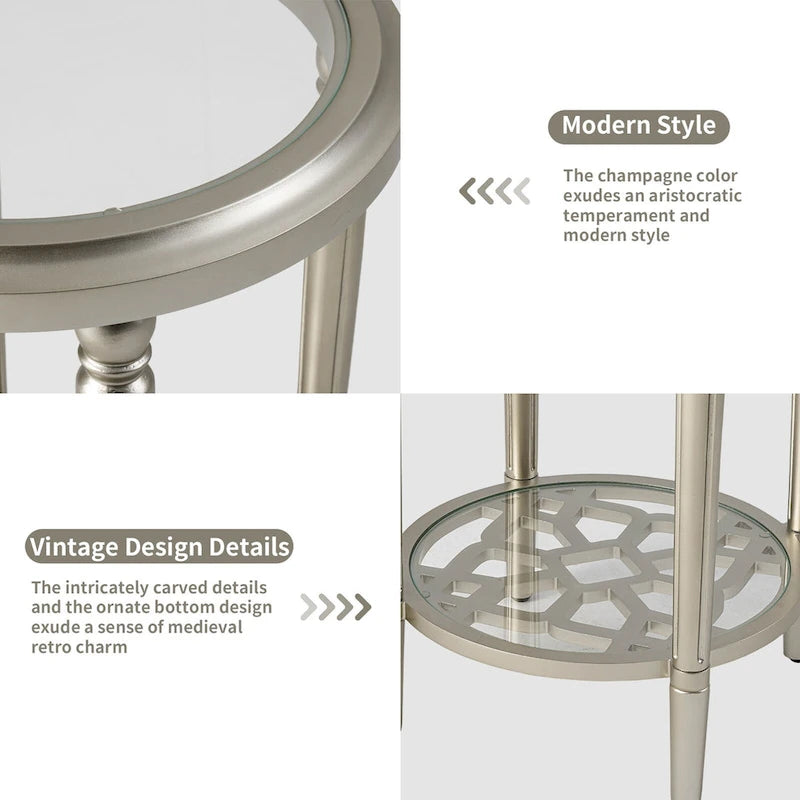 2-Tier Silver Round Tempered Glass Side Table with Storage Shelf