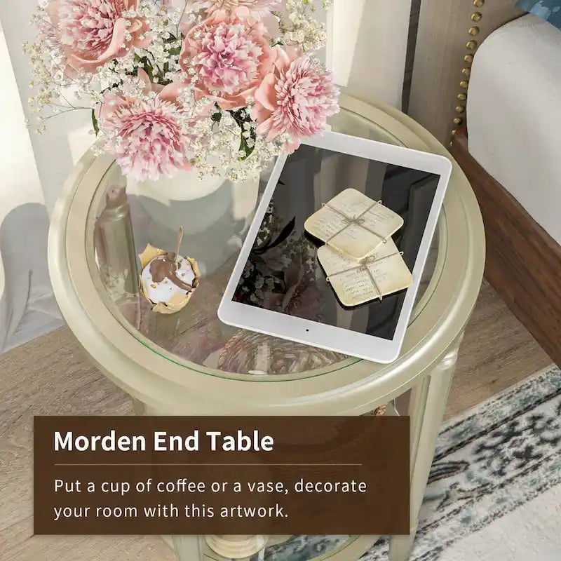2-Tier Silver Round Tempered Glass Side Table with Storage Shelf