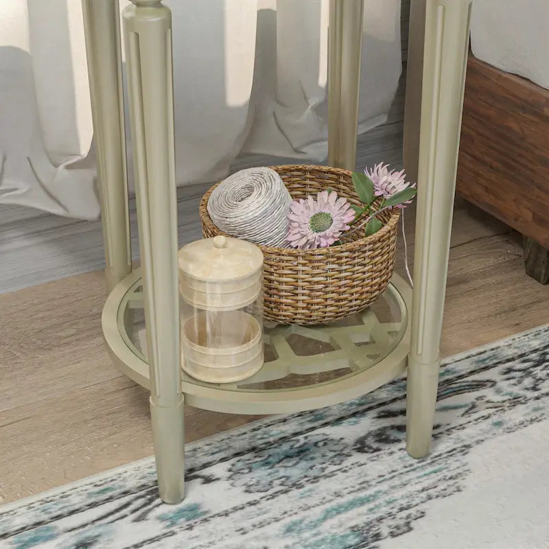 2-Tier Silver Round Tempered Glass Side Table with Storage Shelf