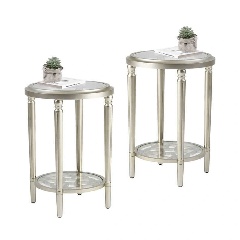 2-Tier Silver Round Tempered Glass Side Table with Storage Shelf