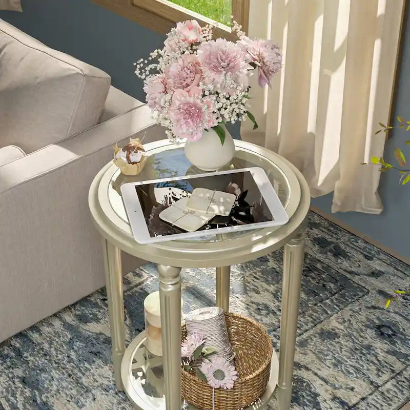 2-Tier Silver Round Tempered Glass Side Table with Storage Shelf