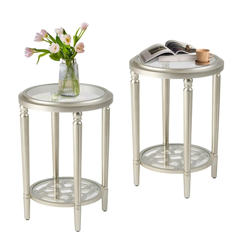 2-Tier Silver Round Tempered Glass Side Table with Storage Shelf
