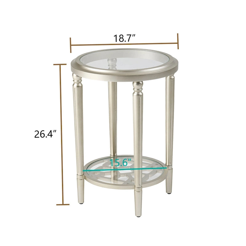2-Tier Silver Round Tempered Glass Side Table with Storage Shelf