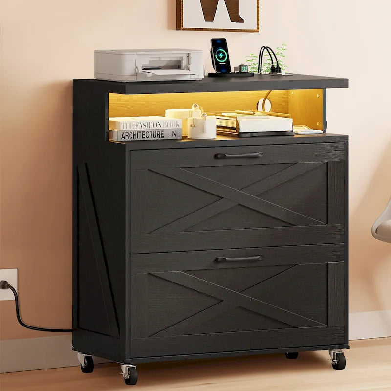 Mobile Wood File Cabinet with Charging Station and LED RGB Light
