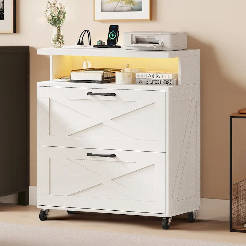Mobile Wood File Cabinet with Charging Station and LED RGB Light