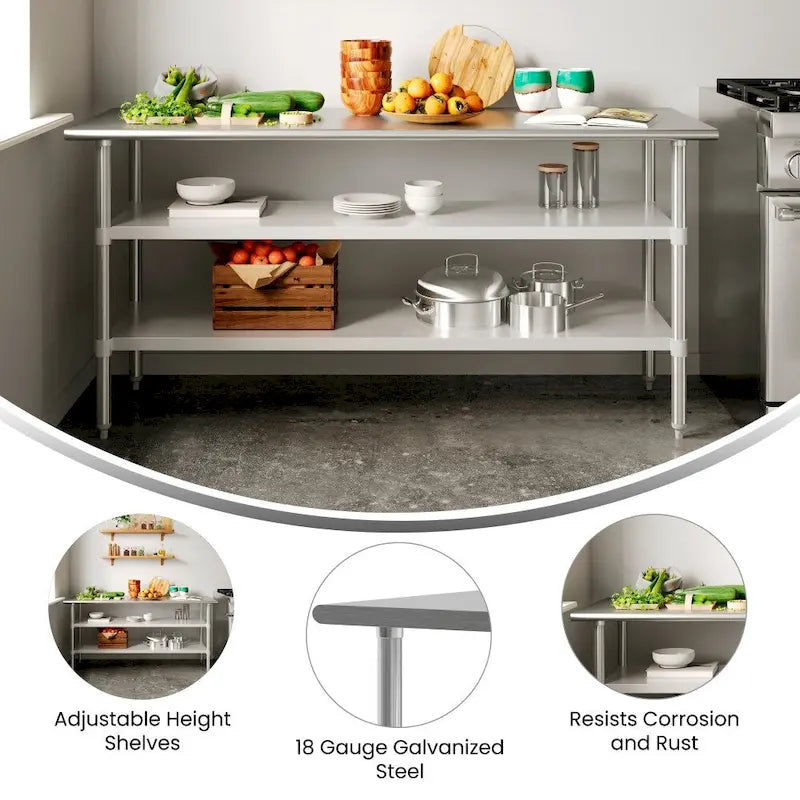 NSF Certified Commercial 18-Gauge Stainless Steel Work and Prep Table
