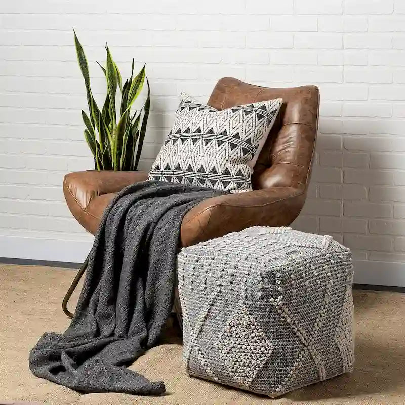 Gray/Cream Polyester Handwoven Square Pouf