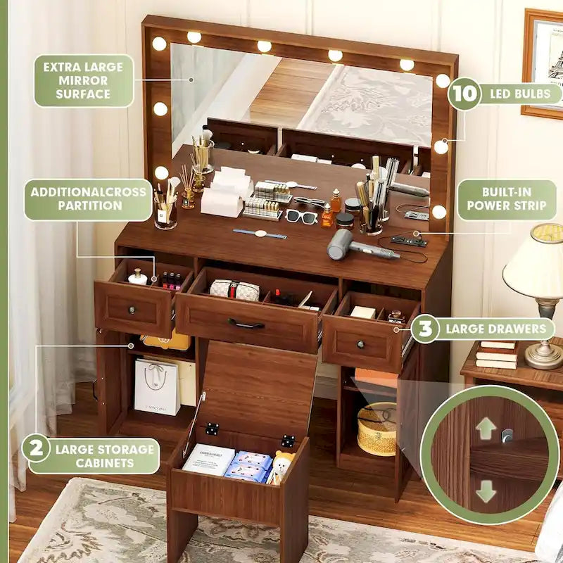 43.3 Wide Makeup Vanity Dressing With Lighted Mirror and Stool