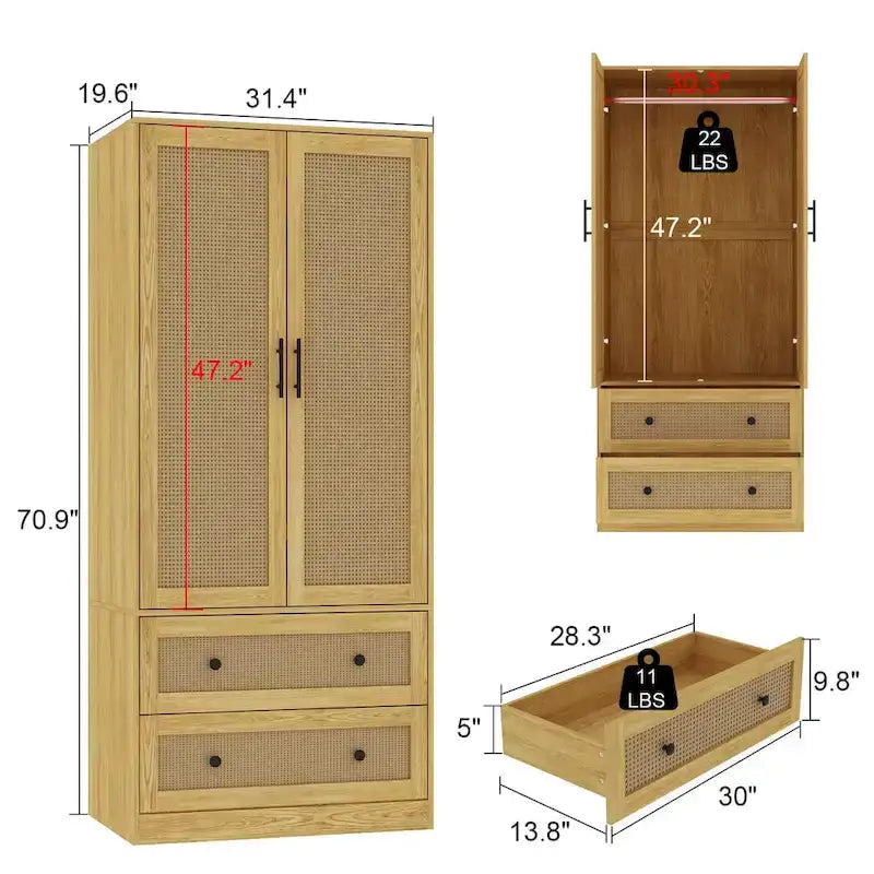 Modern Armoire Cabinet with Drawers - Wood Wardrobe Closet for Storage