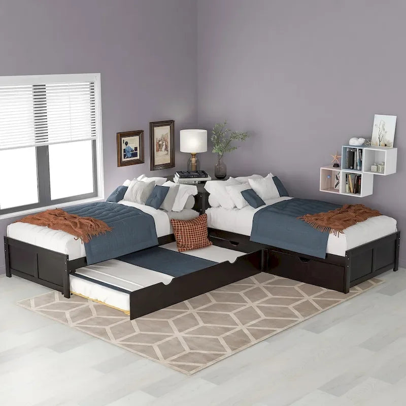L-shaped Platform Bed with Trundle and Drawers Linked with built-in Desk,Twin