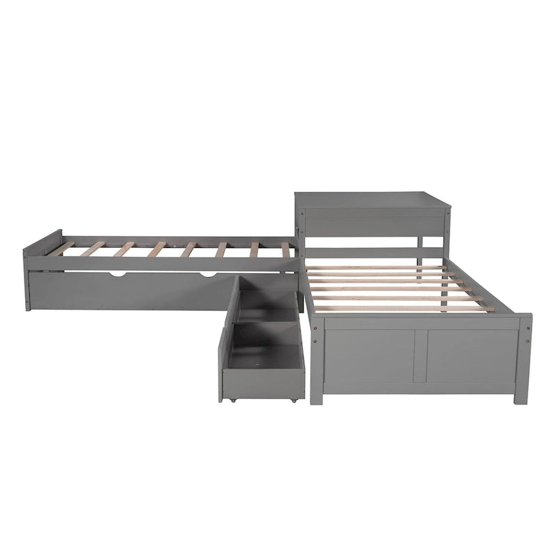 L-shaped Platform Bed with Trundle and Drawers Linked with built-in Desk,Twin